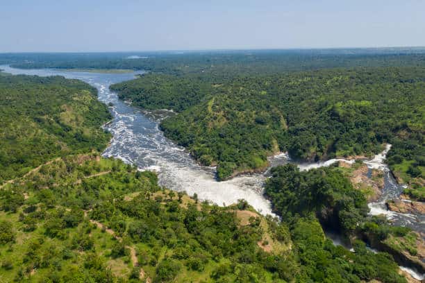 Murchison Falls (also known as Kabalega Falls) at the Nile River in Uganda. The Falls are in the Murchison Falls National Park, which is one of the main tourist destinations in Uganda. The location is between Lake Kyoga and Lake Albert on the Victoria Nile.